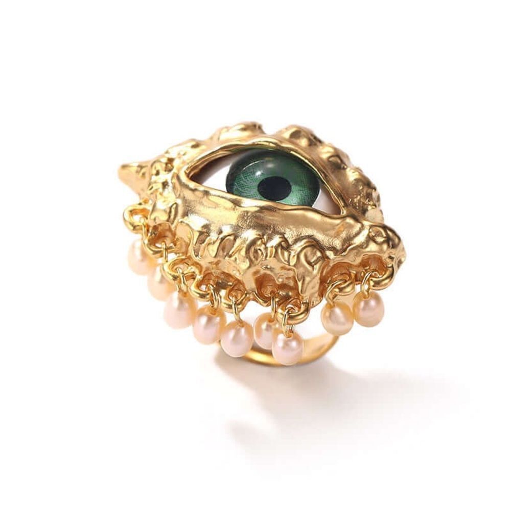 Anthropologie Gold Ring with Green Eye and Pearl Drops